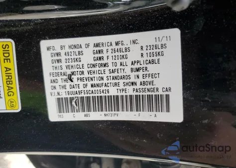 2012 Acura Tl из США, поврежденный, VIN 19UUA9F55CA005426